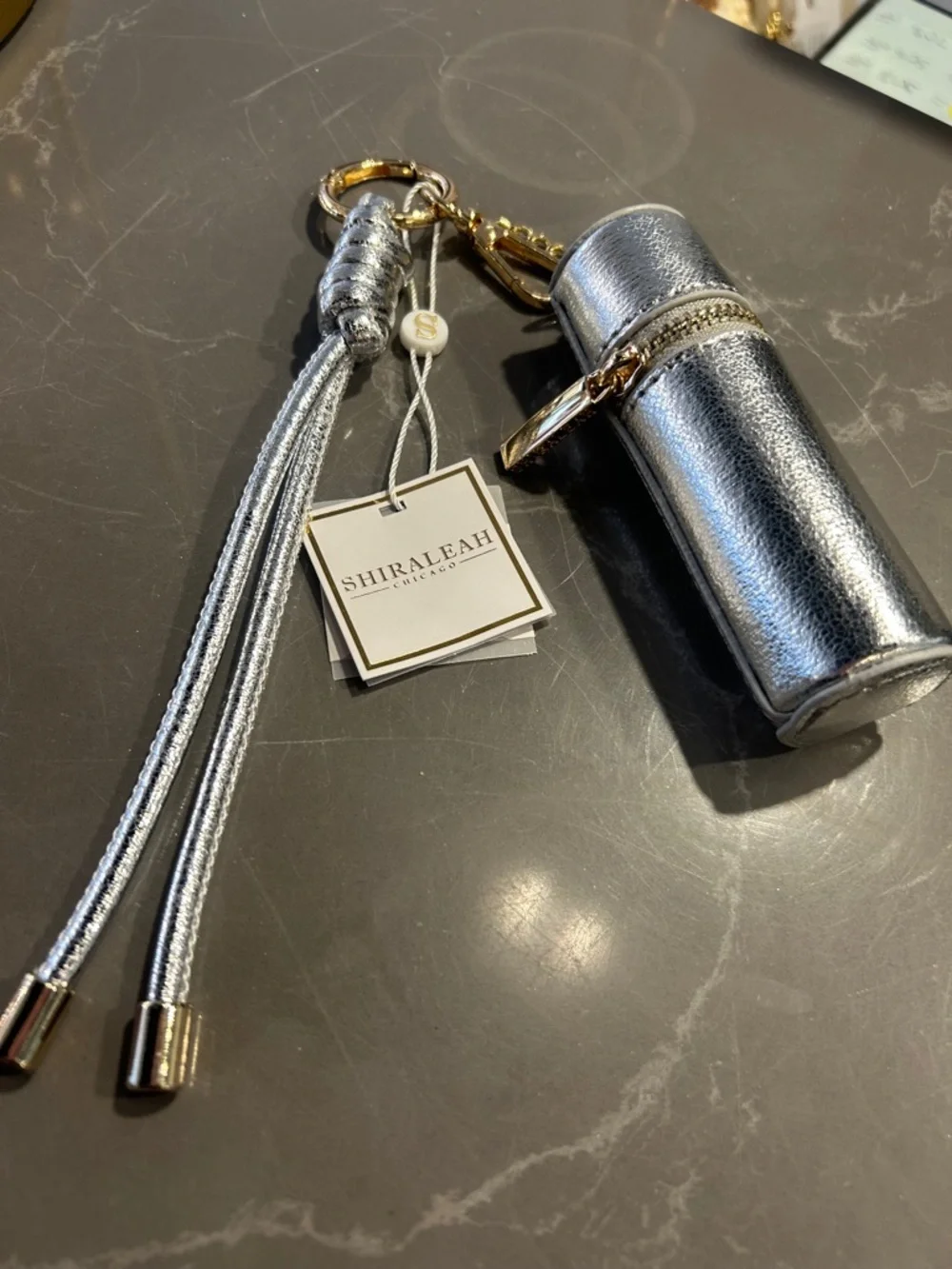 Shiraleah Silver Metallic Lipstick Holder π Charm Keychain with Gold Hardware - Picture 1 of 9